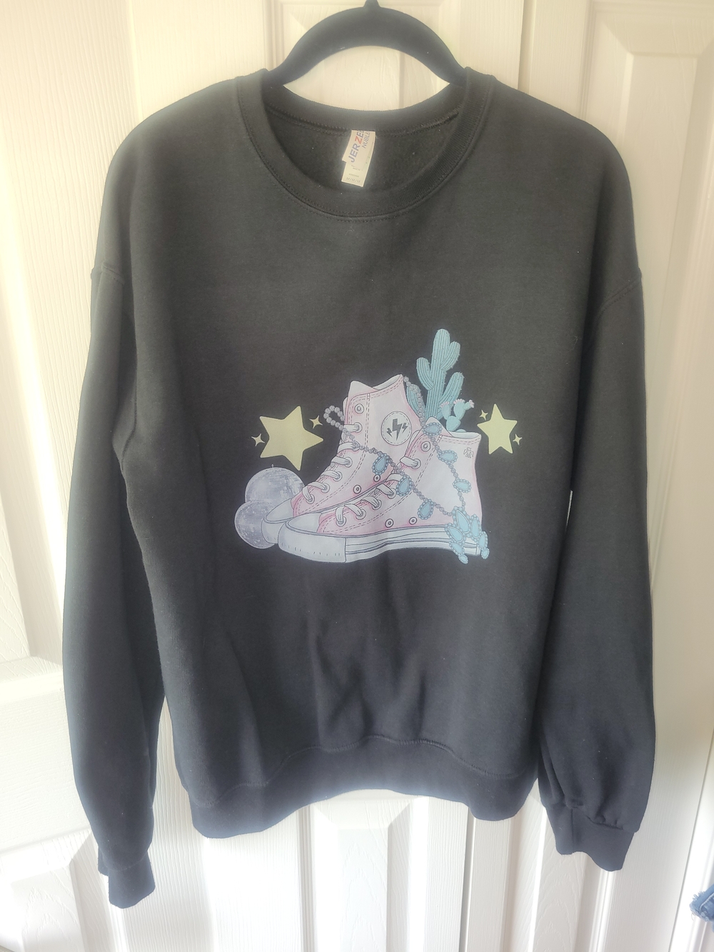 Jerzees Black Sweatshirt with Pastel Pink & Blue Sneaker Graphic